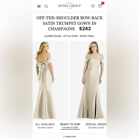 ALFRED SUNG D793 DRESS SATIN TWILL CHAMPAGNE Sz 12 NEW NWT OFF SHOULDER GOWN - Picture 2 of 7